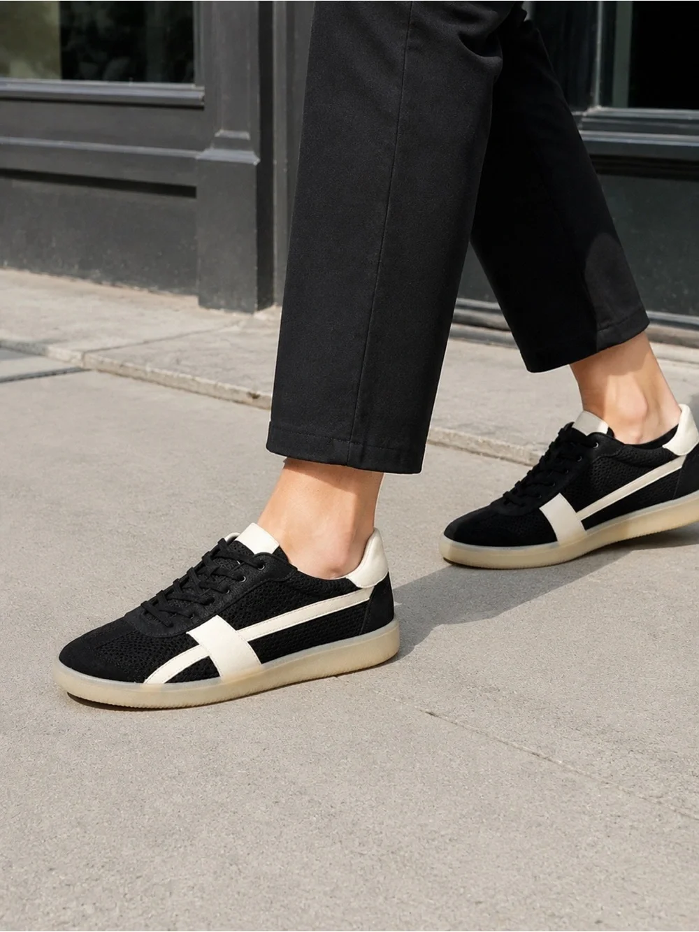 Eileen Fisher Black and White Knit Suede Sneakers 8.5